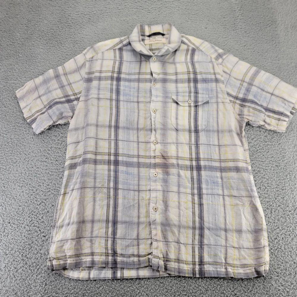 Tommy Bahama Shirt Mens Large Tan Linen‎ Plaid Button Up Short Sleeve Camp